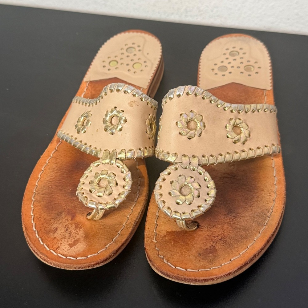 Jack Rogers Flat Sandals Womens 6 Whipstitch Leather Thong preppy Casual